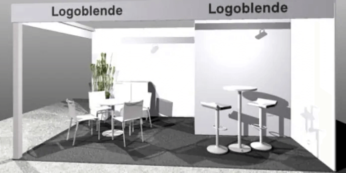 Exhibition stand with 'logoblende' signage in conference hall